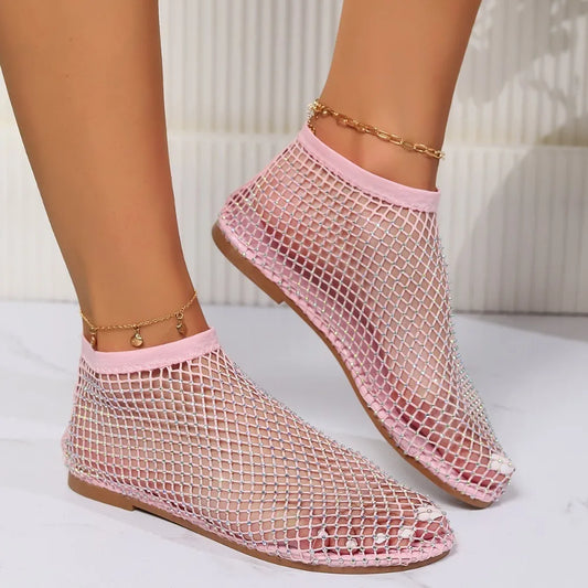 Fashion Holiday Rhinestone Sandal Slipper Non-Slip Waterproof Mesh Seaside Sandals Flat Shoes Shiny Sexy Ankle Boot Outdoor