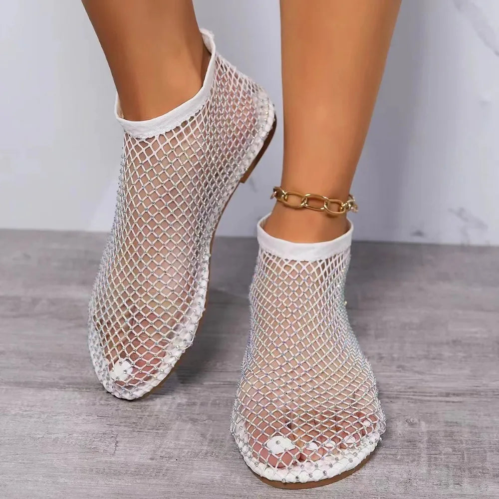 Fashion Holiday Rhinestone Sandal Slipper Non-Slip Waterproof Mesh Seaside Sandals Flat Shoes Shiny Sexy Ankle Boot Outdoor