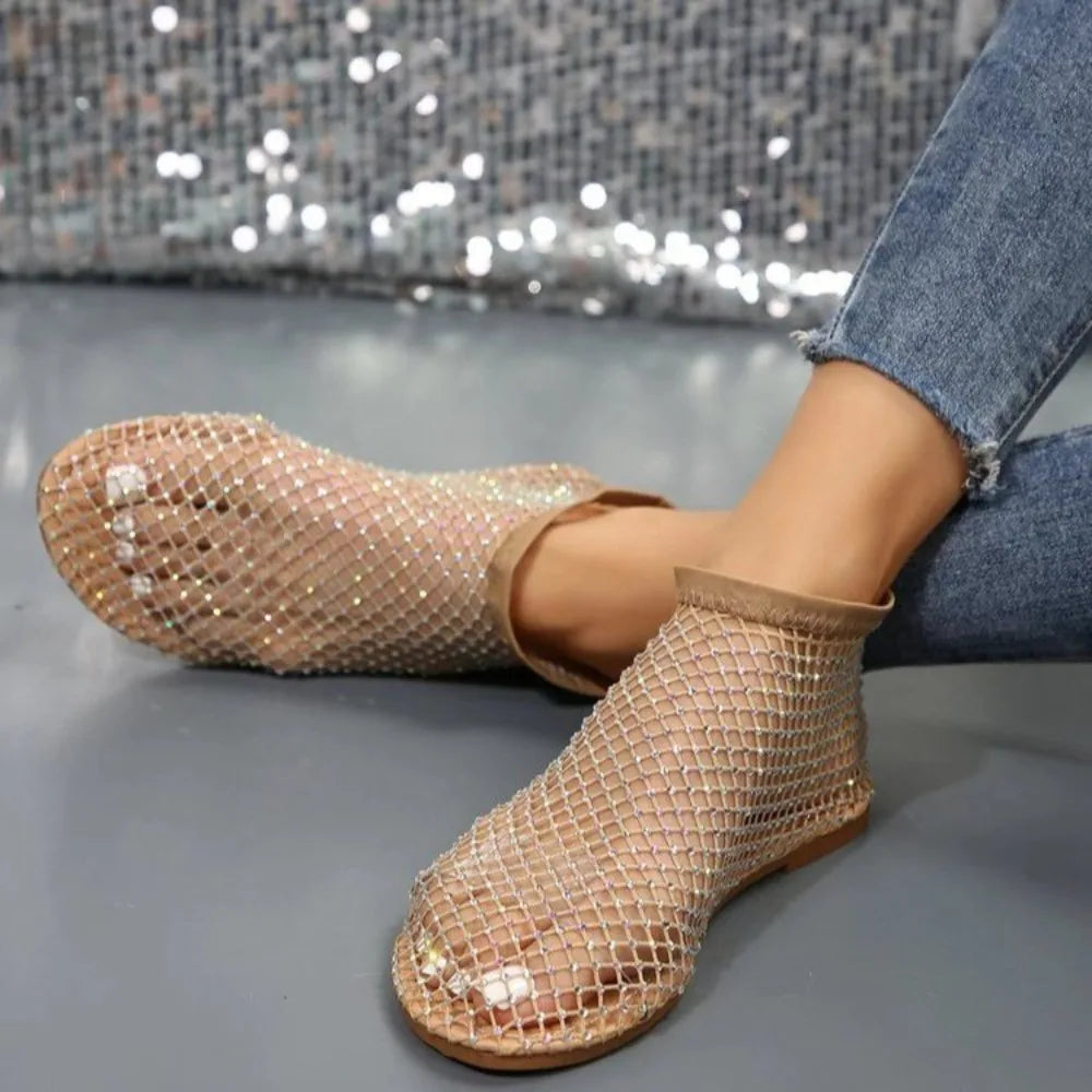 Fashion Holiday Rhinestone Sandal Slipper Non-Slip Waterproof Mesh Seaside Sandals Flat Shoes Shiny Sexy Ankle Boot Outdoor