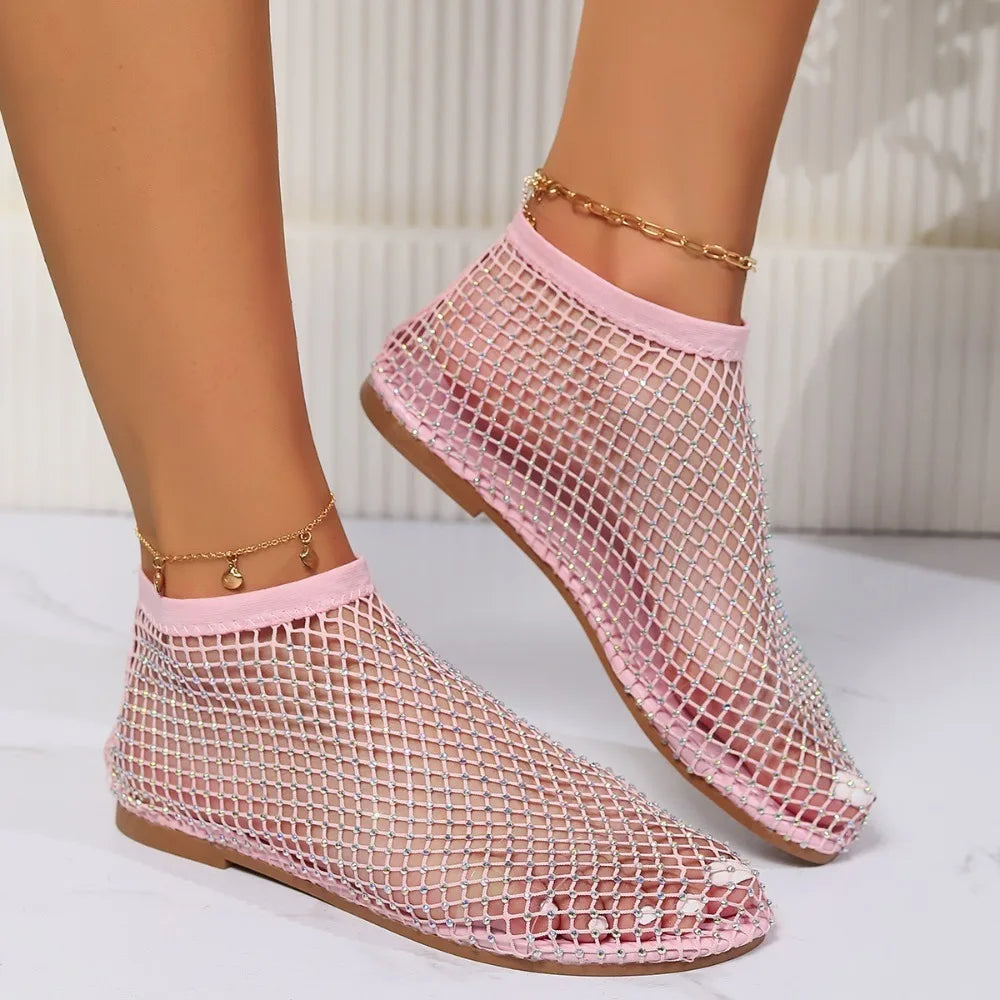 Fashion Holiday Rhinestone Sandal Slipper Non-Slip Waterproof Mesh Seaside Sandals Flat Shoes Shiny Sexy Ankle Boot Outdoor