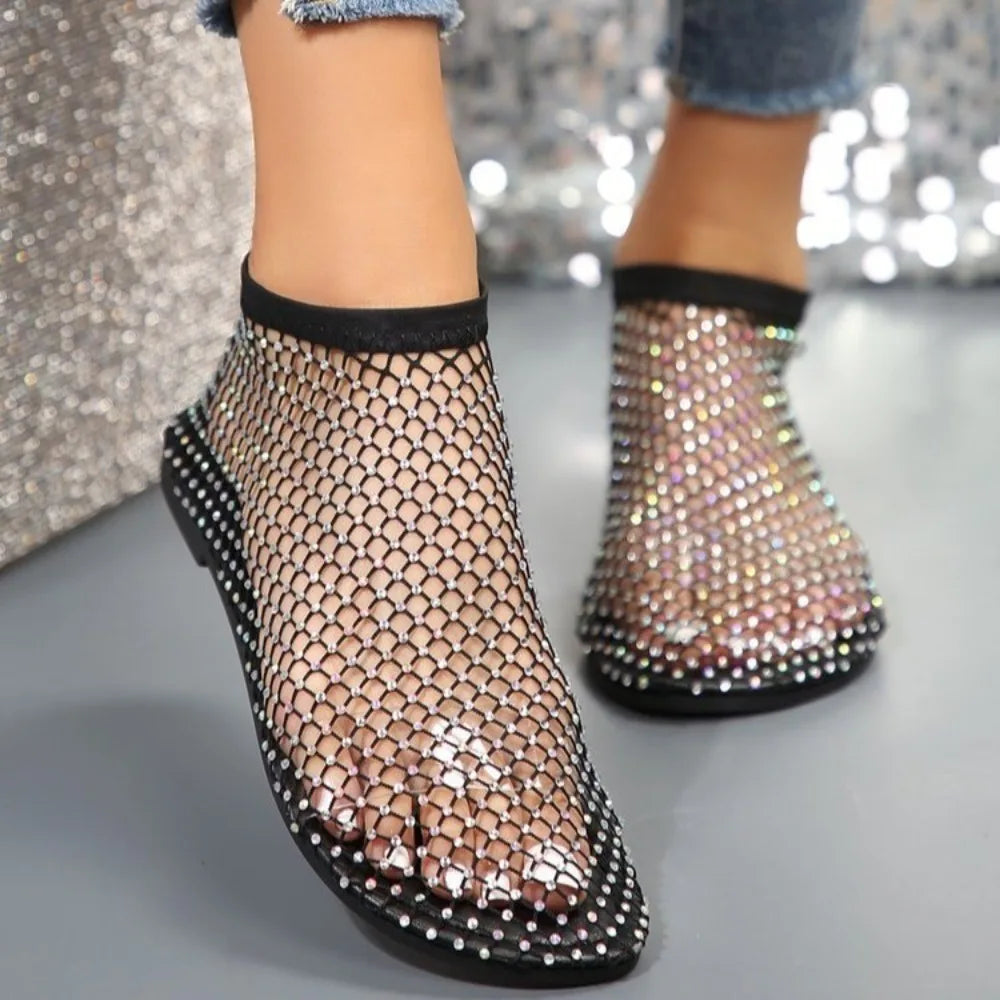 Fashion Holiday Rhinestone Sandal Slipper Non-Slip Waterproof Mesh Seaside Sandals Flat Shoes Shiny Sexy Ankle Boot Outdoor