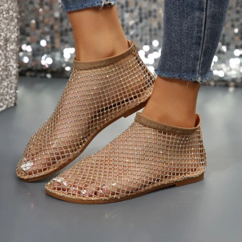 Fashion Holiday Rhinestone Sandal Slipper Non-Slip Waterproof Mesh Seaside Sandals Flat Shoes Shiny Sexy Ankle Boot Outdoor