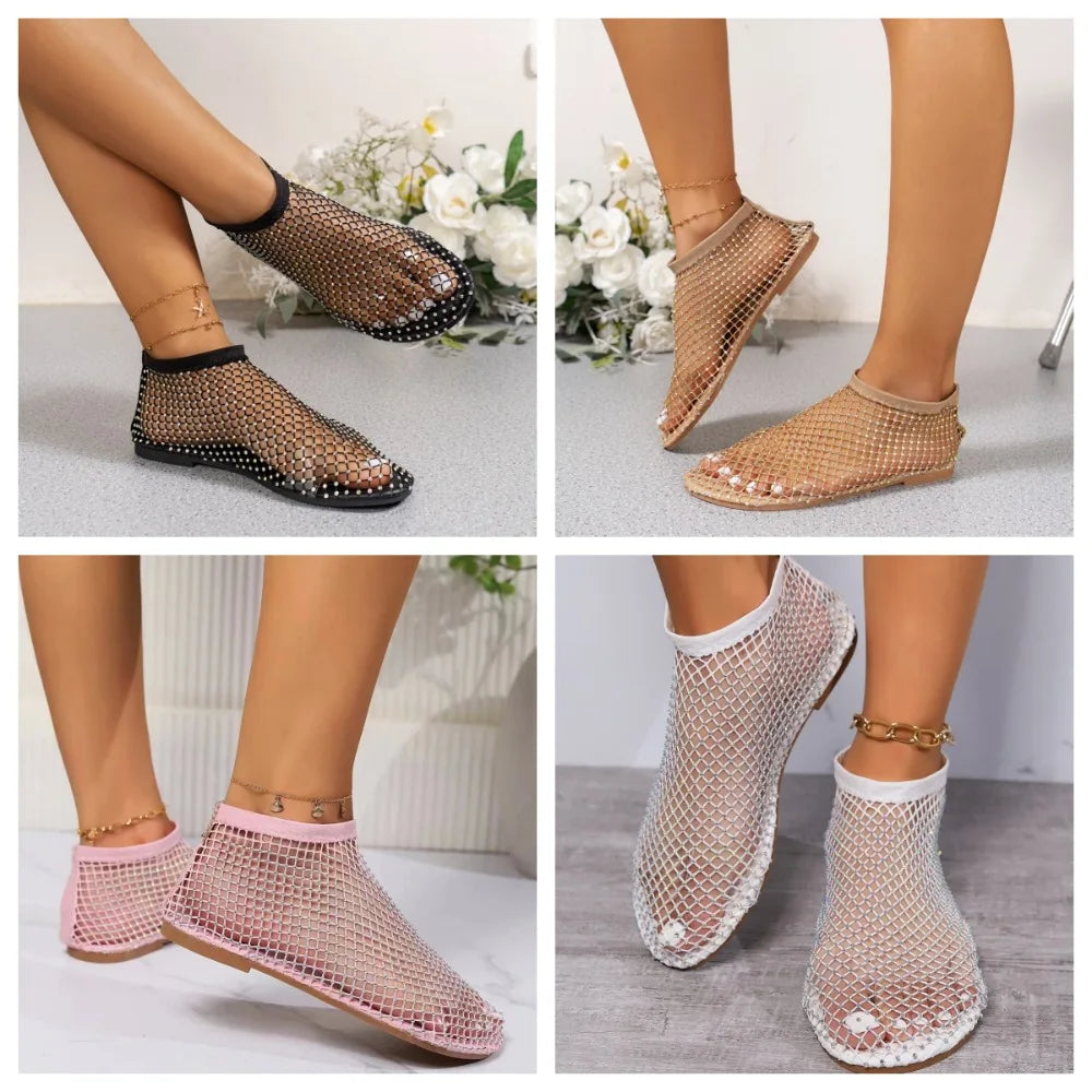 Fashion Holiday Rhinestone Sandal Slipper Non-Slip Waterproof Mesh Seaside Sandals Flat Shoes Shiny Sexy Ankle Boot Outdoor