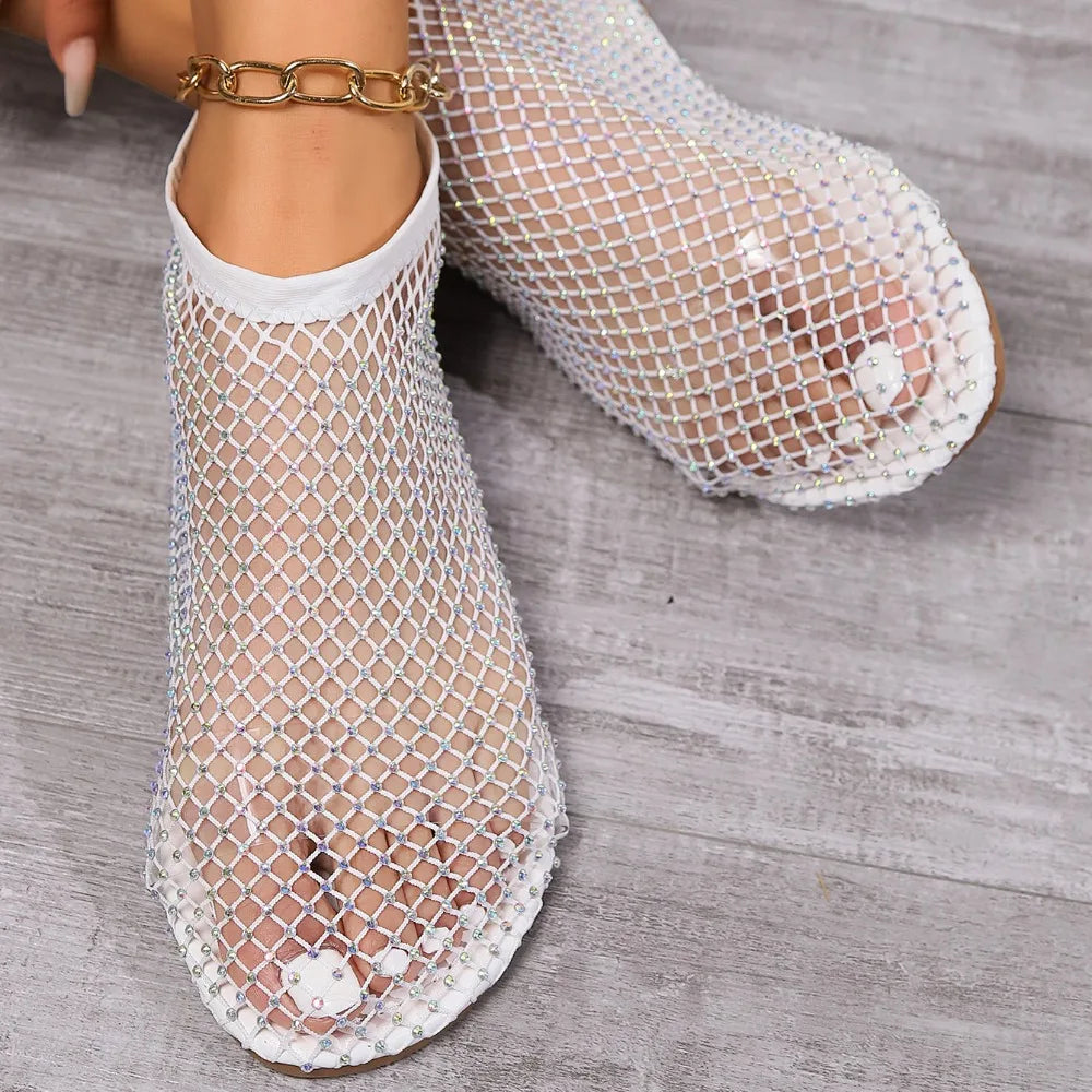 Fashion Holiday Rhinestone Sandal Slipper Non-Slip Waterproof Mesh Seaside Sandals Flat Shoes Shiny Sexy Ankle Boot Outdoor